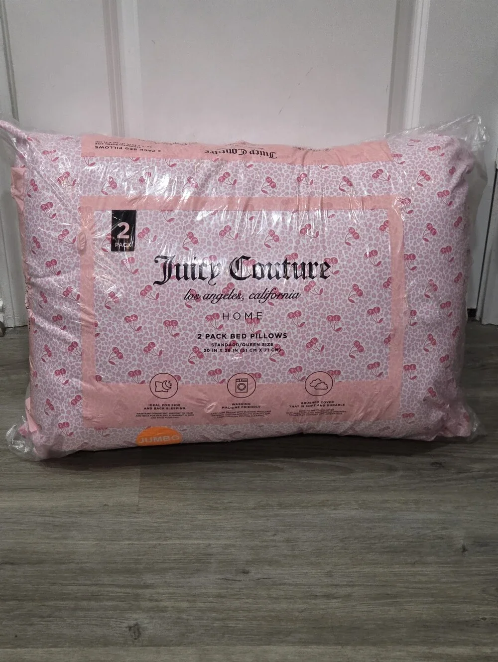Juicy Couture Pink Home Cherries Leopord Print 2-Pack Jumbo Bed Pillows